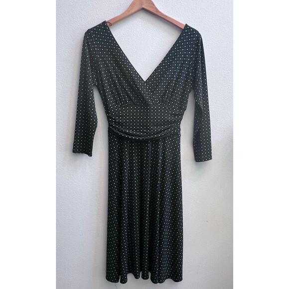 Maggy London V-Neck 1/4 Sleeve Geometric Green Yellow Print Mod Dress Size 10 - Picture 1 of 8